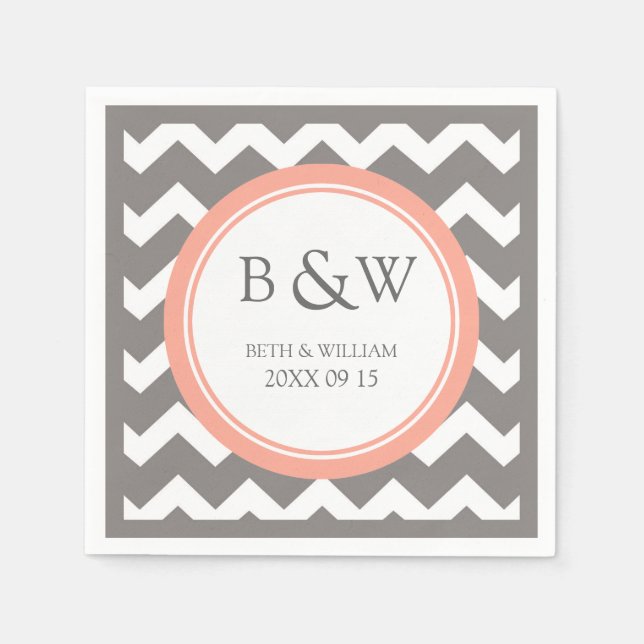 Custom Monogram Wedding Napkin Coral Grey Chevron (Front)