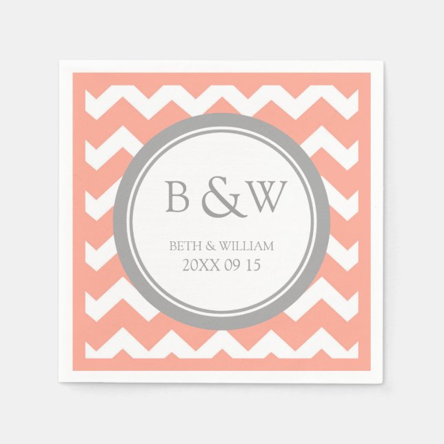 Custom Monogram Wedding Napkin Coral Grey Chevron (Front)