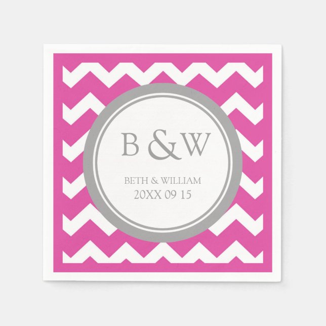 Custom Monogram Wedding Napkin Pink Grey Chevron (Front)