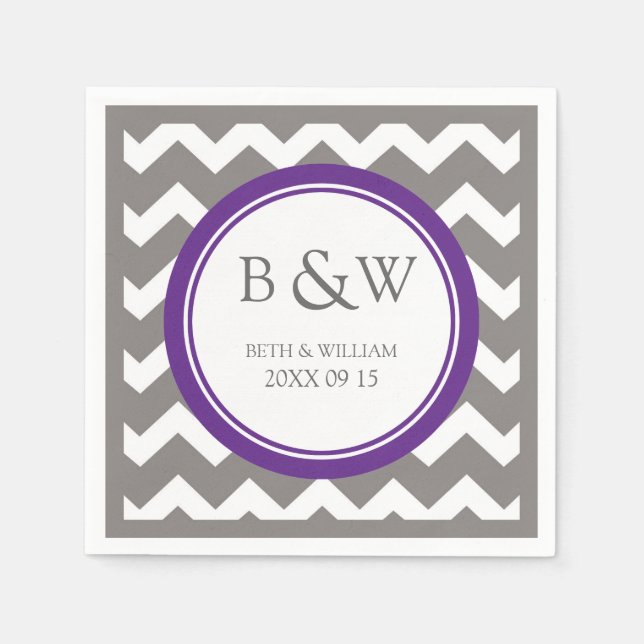 Custom Monogram Wedding Napkin Plum Grey Chevron (Front)