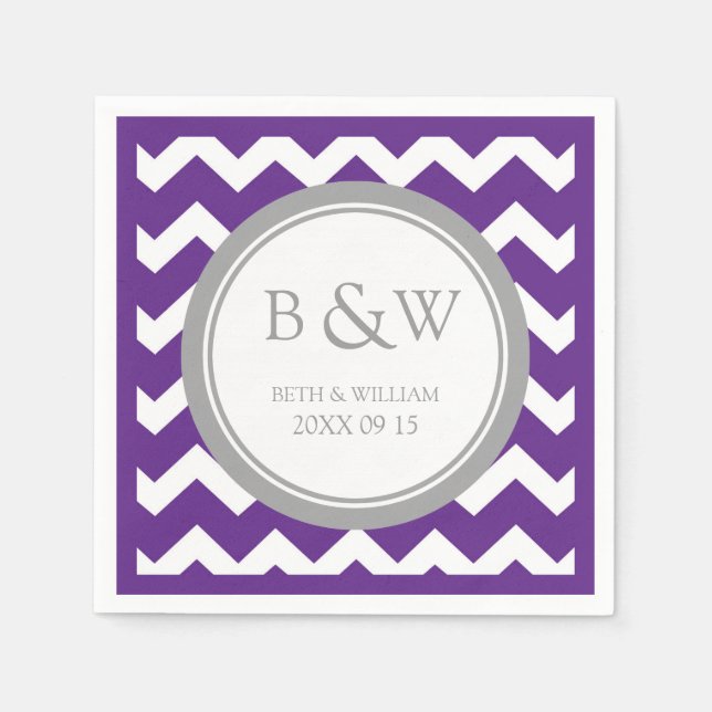 Custom Monogram Wedding Napkin Plum Grey Chevron (Front)