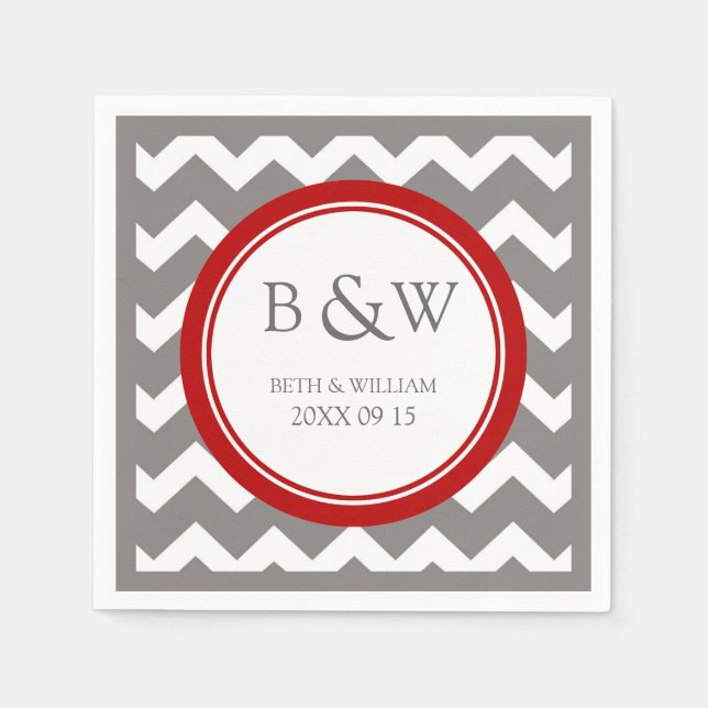 Custom Monogram Wedding Napkin Red Grey Chevron (Front)