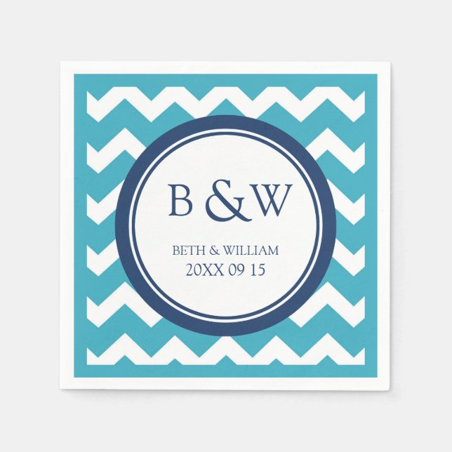 Custom Monogram Wedding Napkin Teal Blue Chevron (Front)