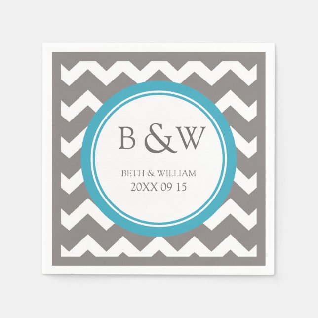 Custom Monogram Wedding Napkin Teal Grey Chevron (Front)