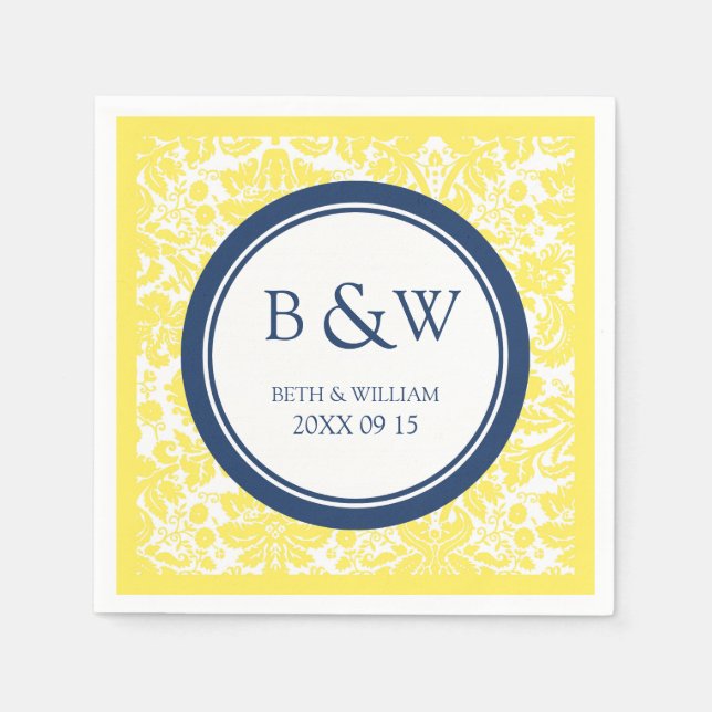 Custom Monogram Wedding Napkin Yellow Blue Damask (Front)