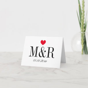 Custom monogram wedding note cards with red heart