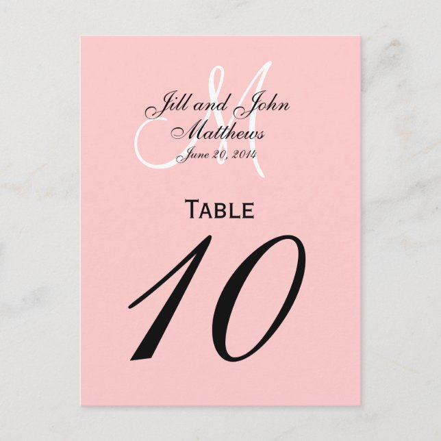 Custom Monogram Wedding Table Number Pink Postcard (Front)