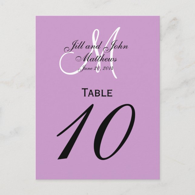 Custom Monogram Wedding Table Number Purple Postcard (Front)
