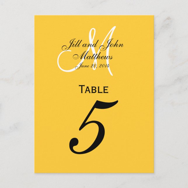 Custom Monogram Wedding Table Number Yellow Postcard (Front)
