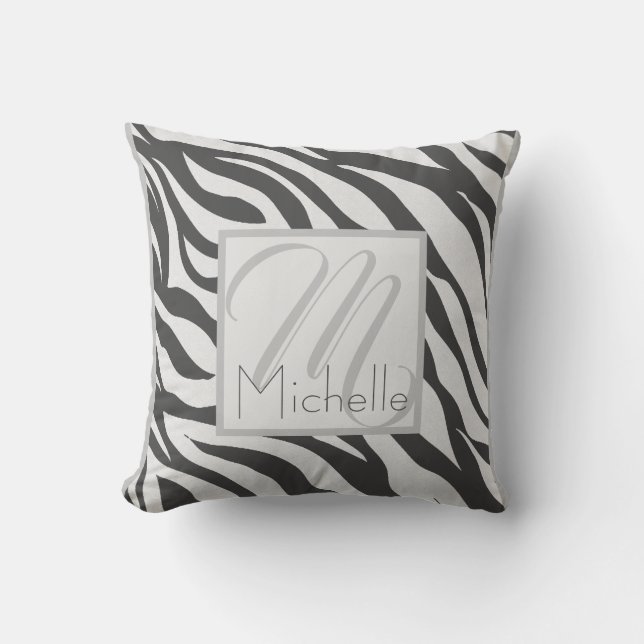 Custom Monogram White and Dark Grey Zebra Stripes Cushion (Front)