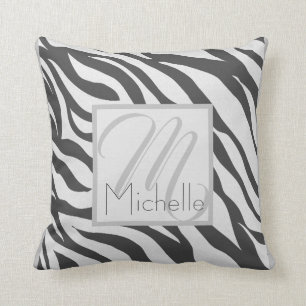 Custom Monogram White and Dark Grey Zebra Stripes Cushion
