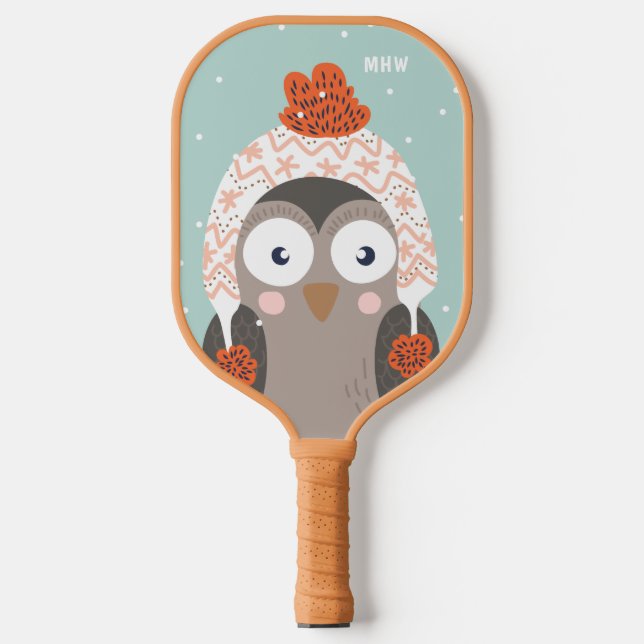 Custom monogram Winter Owl Pickleball Paddle (Front)