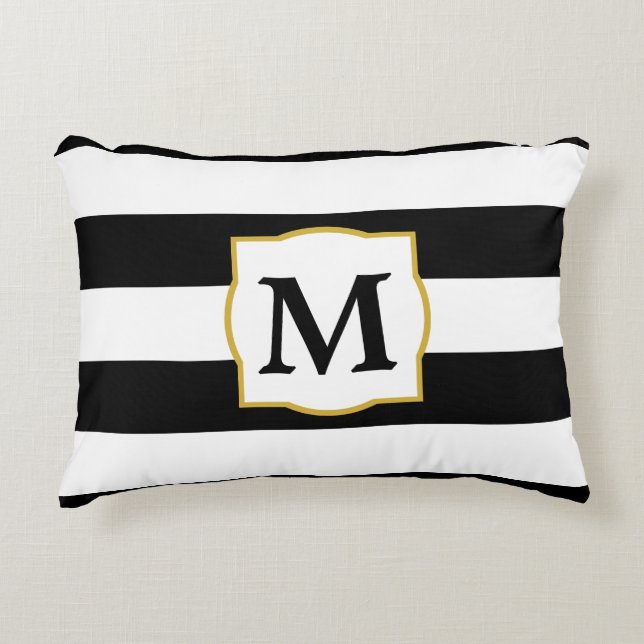 Custom Monogram with Black and White Stripes Decorative Cushion (Front)