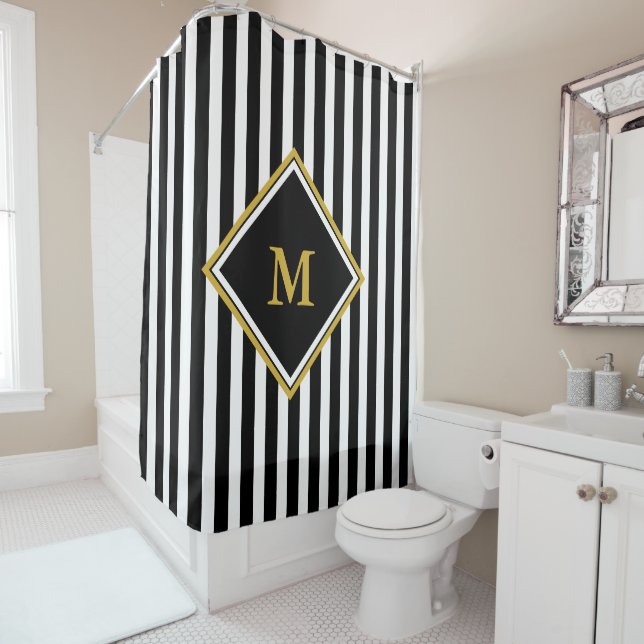 Custom Monogram with Black and White Stripes Shower Curtain (In Situ)