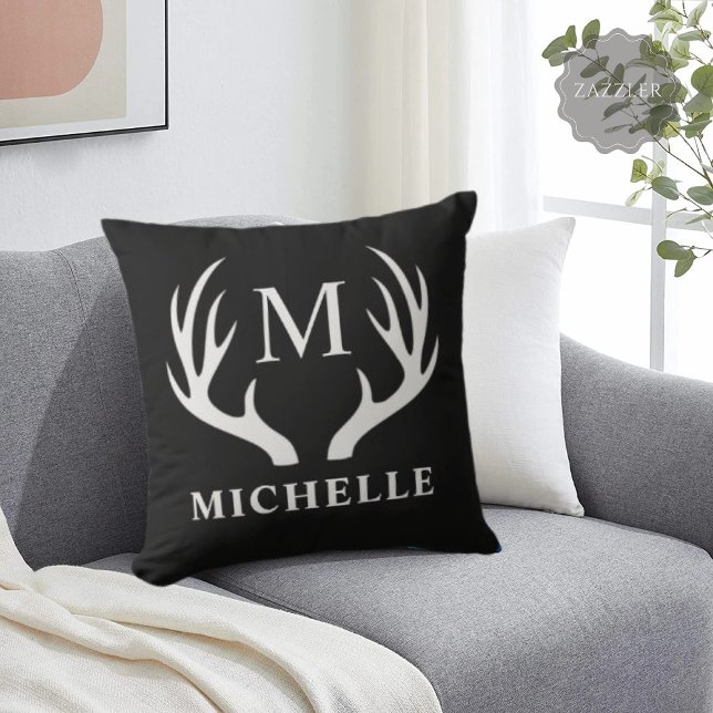 Custom Monogram with Black White Deer Antler Cushion (Custom Monogram with Black White Deer Antler Throw Pillow)