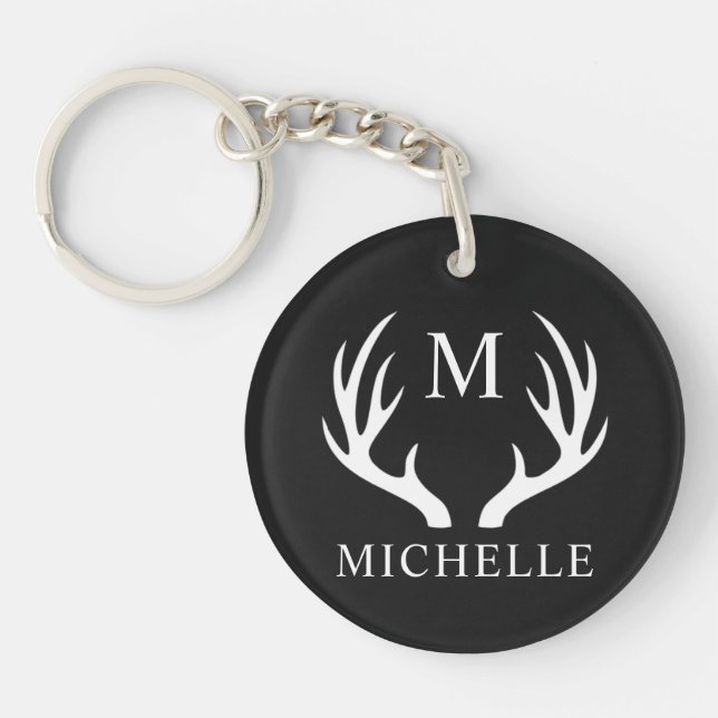Custom Monogram with Black White Deer Antler Key Ring (Front)