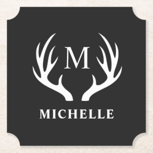 Custom Monogram with Black White Deer Antler Paper Coaster