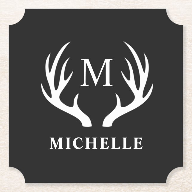 Custom Monogram with Black White Deer Antler Paper Coaster (Front)