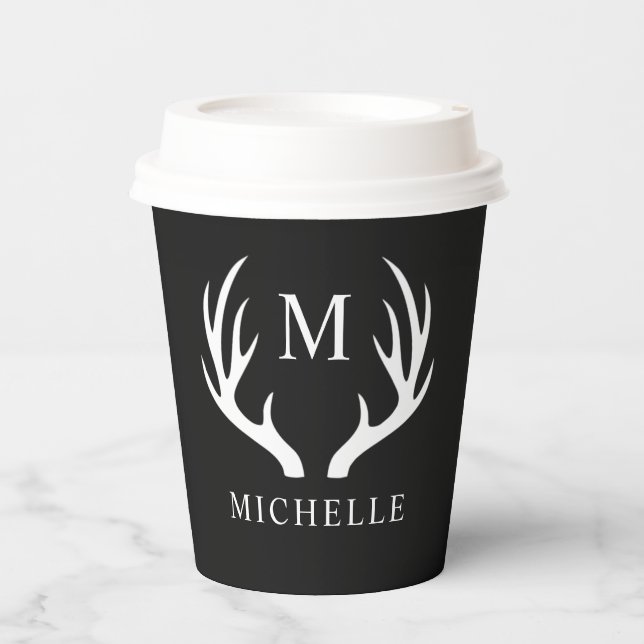 Custom Monogram with Black White Deer Antler Paper Cups (Front)