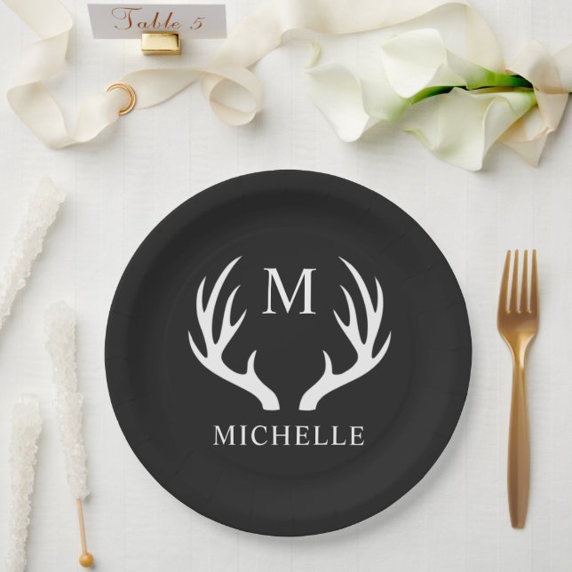 Custom Monogram with Black White Deer Antler Paper Plate (Wedding)