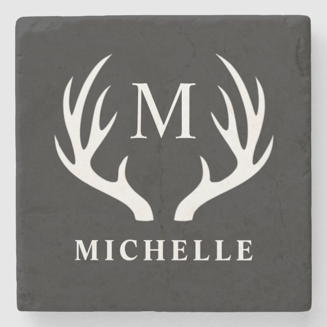 Custom Monogram with Black White Deer Antler Stone Coaster (Front)