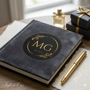 Custom Monogram with Date Black Metallic Gold Classic Round Sticker