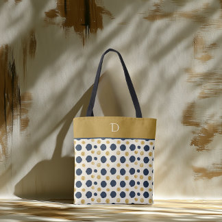 Custom Monogram with Navy & Mustard Polka Dot Tote Bag