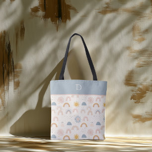 Custom Monogram with Pastel Rainbow & Sun Minimal Tote Bag