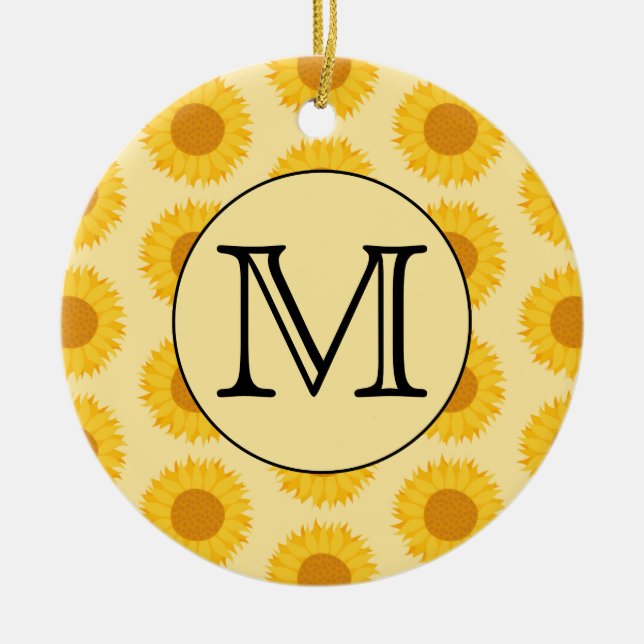 Custom Monogram, with Yellow Sunflowers. Ceramic Tree Decoration (Front)