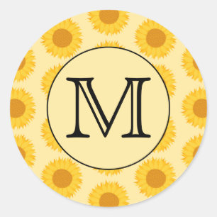 Custom Monogram, with Yellow Sunflowers. Classic Round Sticker