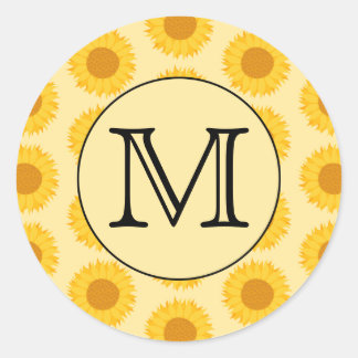 Custom Monogram, with Yellow Sunflowers. Classic Round Sticker