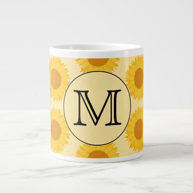 Custom Monogram, with Yellow Sunflowers. Large Coffee Mug (Front)