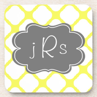 Custom Monogram Yellow and White Art Deco Pattern Coaster