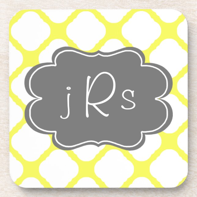 Custom Monogram Yellow and White Art Deco Pattern Coaster (Front)