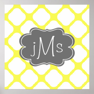 Custom Monogram Yellow and White Art Deco Pattern Poster