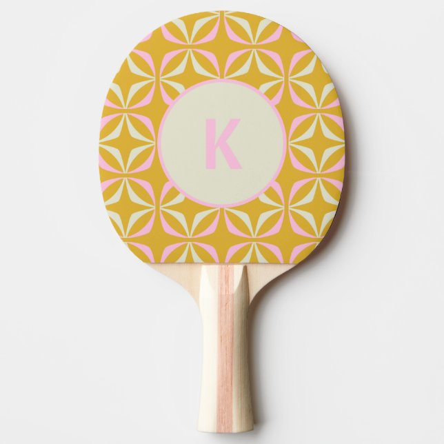 Custom Monogram Yellow Pink Geometric Playful Ping Pong Paddle (Front)