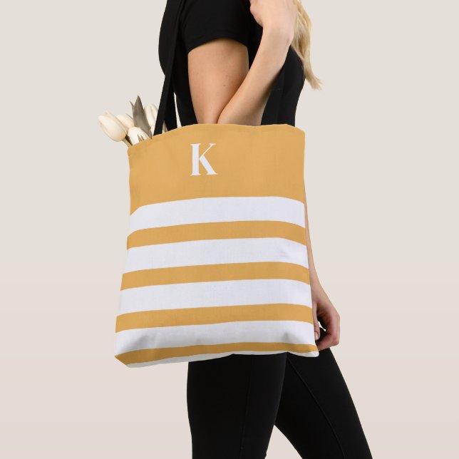 Custom Monogram Yellow Stripes Tote Bag (Close Up)