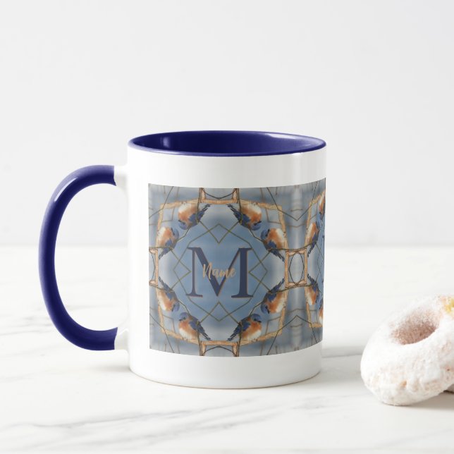 Custom Monogram Your Initial Bluebird Nature Art Mug (With Donut)