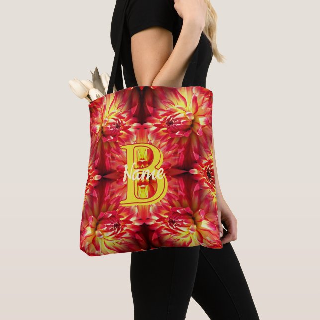Custom Monogram Your Initial Name Dahlia Flower Tote Bag (Close Up)