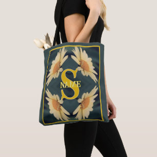 Custom Monogram Your Initial Name Daisy Art Tote Bag