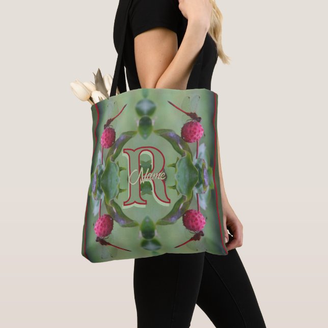 Custom Monogram Your Initial Name Dragonfly Art Tote Bag (Close Up)