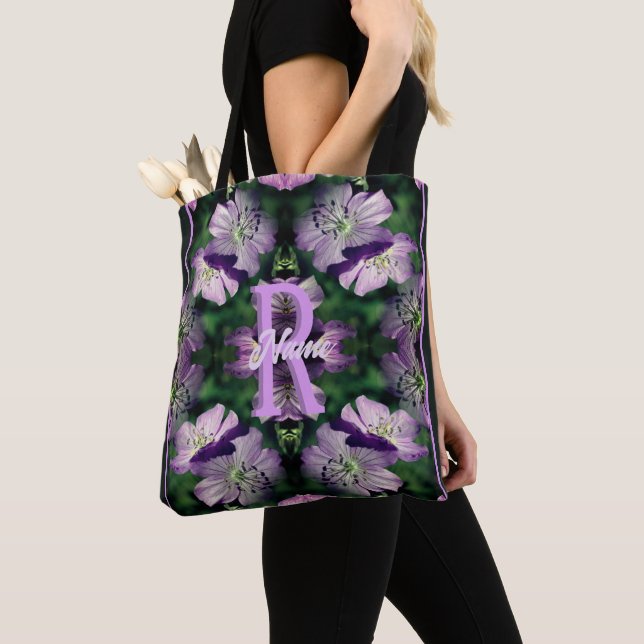 Custom Monogram Your Initial Name Geranium Art Tote Bag (Close Up)