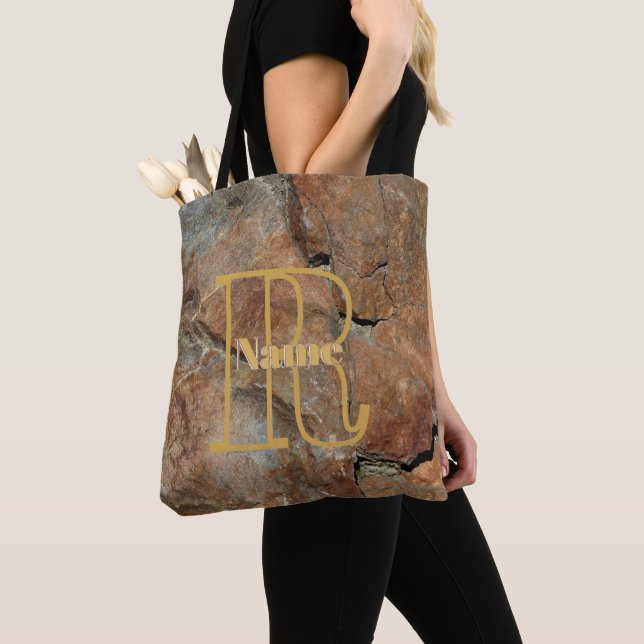Custom Monogram Your Initial Name Granite Rock Tote Bag (Close Up)