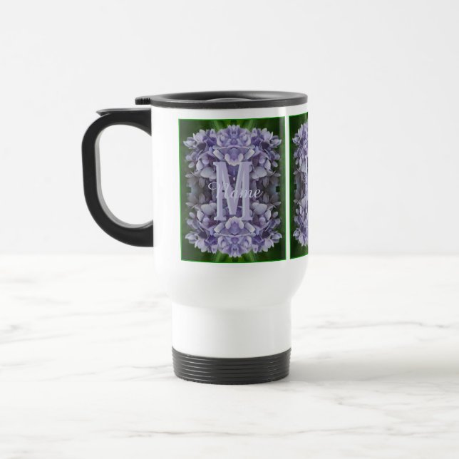Custom Monogram Your Initial Name Hydrangea Flower Travel Mug (Left)