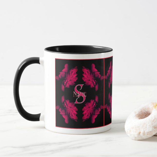 Custom Monogram Your Initial Name Peony Floral Art Mug (With Donut)