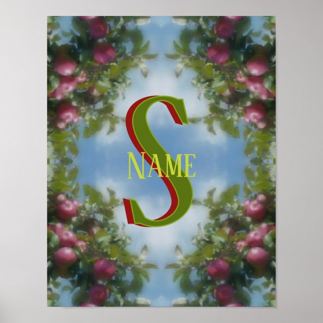 Custom Monogram Your Initial Name Red Apples Art Poster (Front)