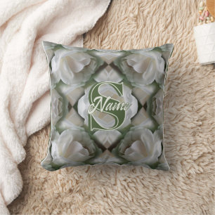 Custom Monogram Your Initial Name White Rose Cushion