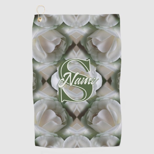 Custom Monogram Your Initial Name White Rose Golf Towel (Front)