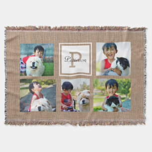Custom Monogrammed 5 Photo Collage Burlap-Look Throw Blanket