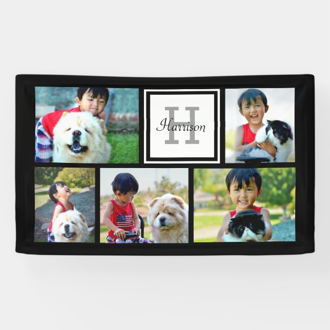 Custom Monogrammed 5 Photo Mosaic Picture Collage Banner (Horizontal)